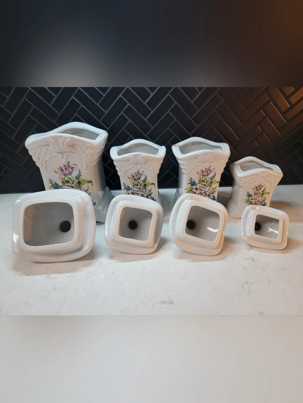 Set Of 4 Delfts Hand Made White Floral Ceramic Canisters